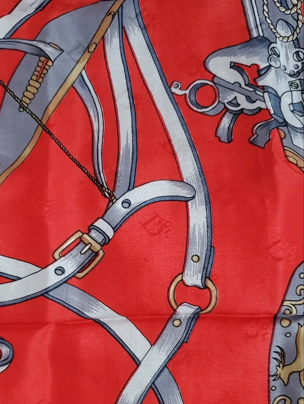 Vintage Christian Dior Silk Scarf Equestrian Hunting Weapon Motif Red Navy Blue